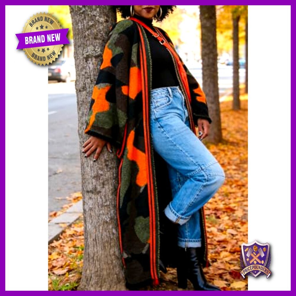 Long Camo Cardigan Open Front Oversized Chunky Knit Duster Sweater Coat - Picture 4 of 6